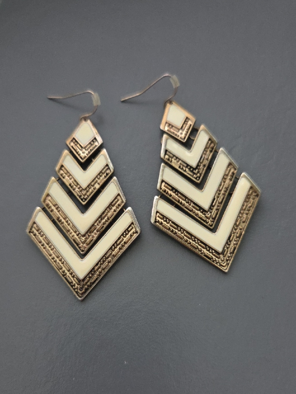 Vintage Cream Enamel and Brass-Tone Chain Linked Chevron Dangle Earrings